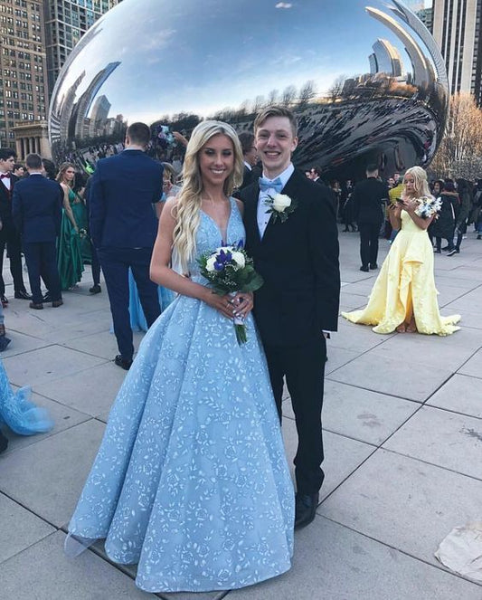 Gorgeous A Line Deep V Neck Blue Long Prom/Evening Dresses with Appliques  cg8937