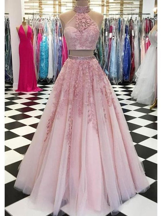 Two Piece High Neck Open Back Long Coral Prom Dress with Appliques cg908