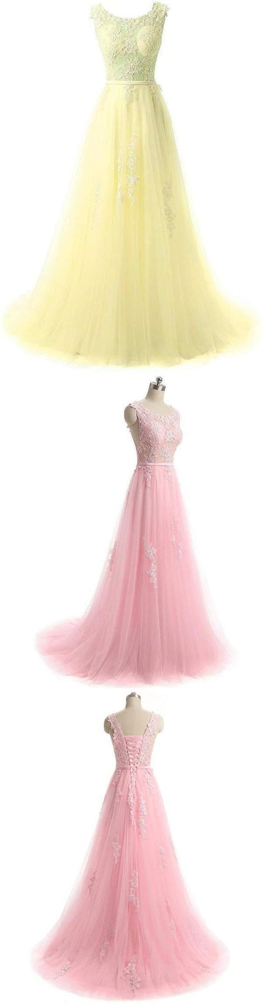 Pretty tulle lace round neck A-line open back long prom Gown  cg9111