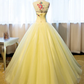 YELLOW TULLE OFF SHOULDER A-LINE FLOOR LENGTH EVENING DRESS PROM DRESS WITH FLOWER APPLIQUES  cg9194