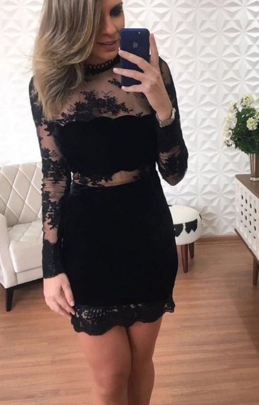 Black Lace Sheath Long Sleeve See Through Homecoming Dresses cg925