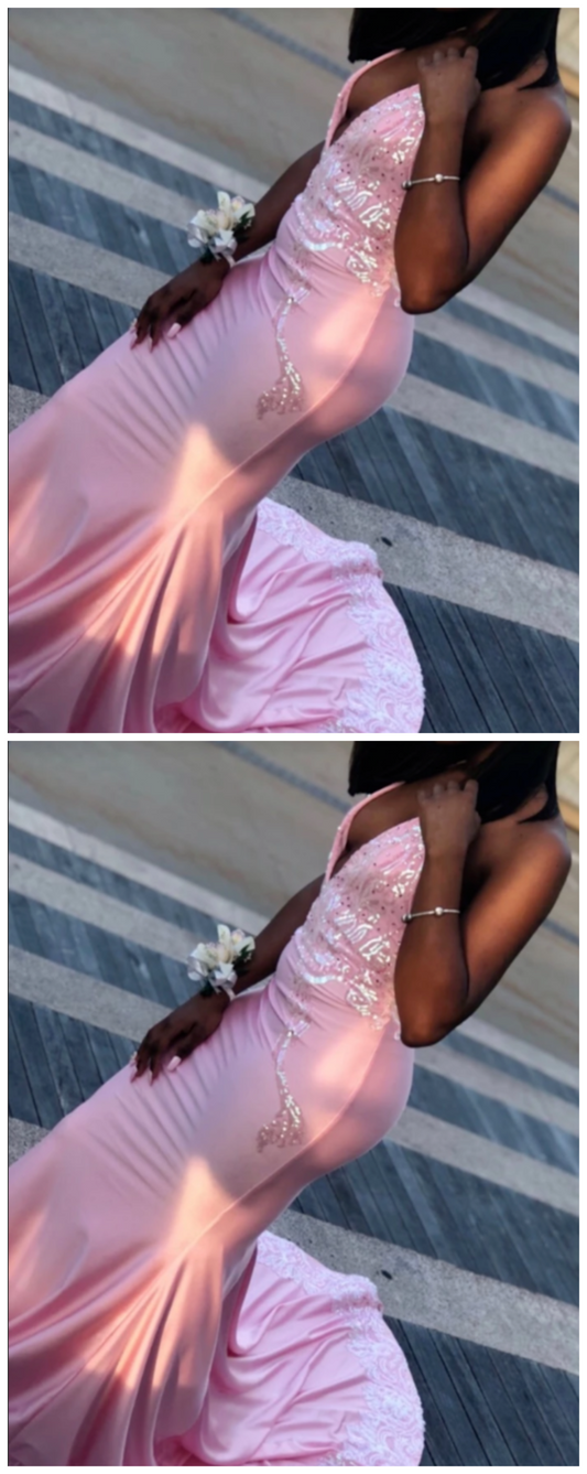 Unique Pink Halter Lace Sequin Satin Prom Dresses   cg9294