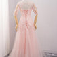 Pink Tulle Short Sleeves Long Bridesmaid Dress, Pink Evening prom Gown  cg9323
