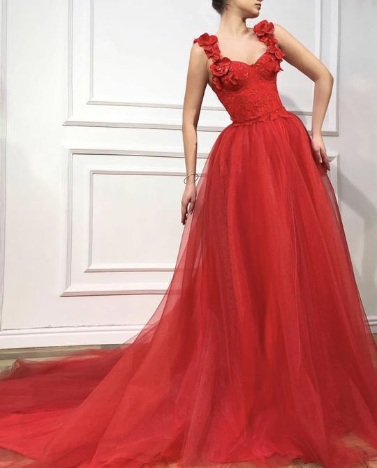 Red Tulle dress fabric Handmade corset with TMD embroidered flowers prom dress  cg9329