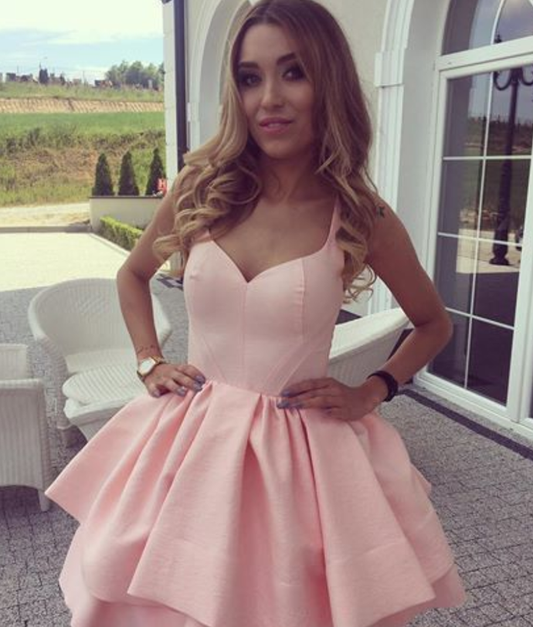 A-Line V-Neck Short Pink Satin Homecoming Dress cg933