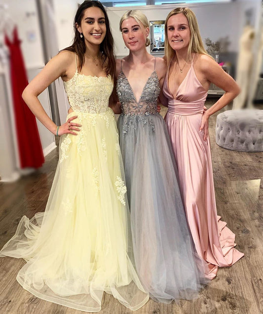 Glamorous A Line Spaghetti Straps Yellow Long Prom/Evening Dress Appliques  cg9383