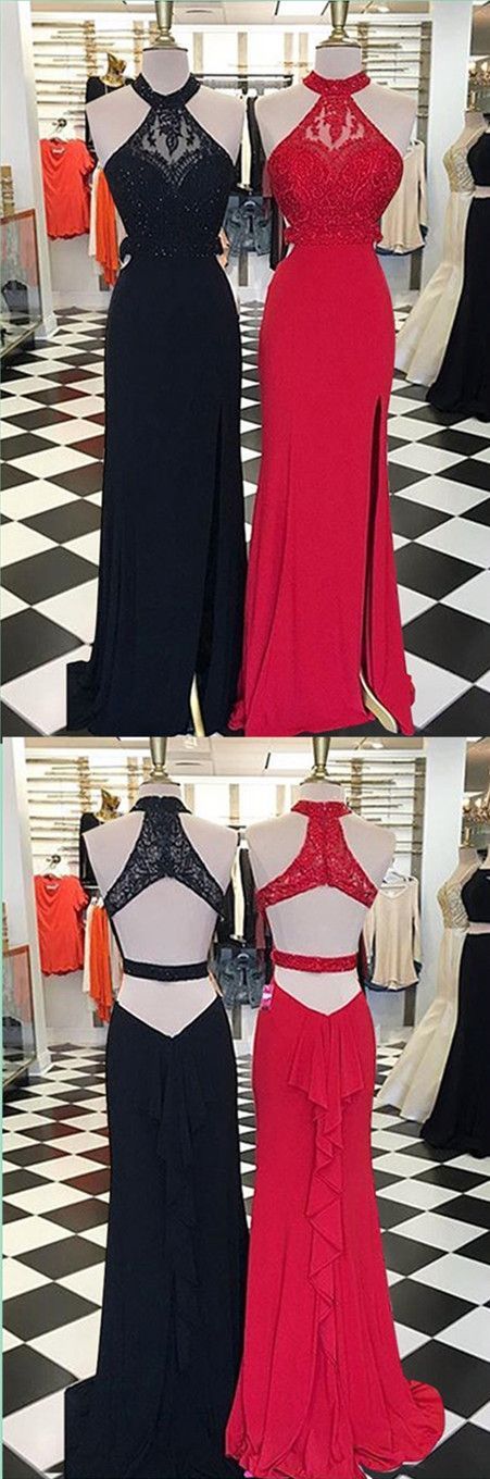 Charming Prom Dress, Halter Prom Dresses, Red And Black Beaded Evening Dress, Backless Prom Party Dress  cg9391