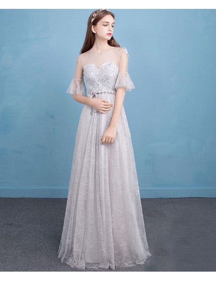 Gray Prom Dress,Tulle Prom Dress,A-Line Prom Dresses,O-Neck Prom Dress  cg9419