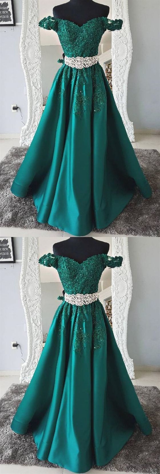 Green Off Shoulder A Line Evening Dresses Long Prom Dresses With Lace Appliques cg942