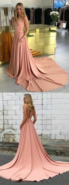 Elegant A-Line High Neck Sleeveless Sweep Train Prom Dresses With Pockets cg943