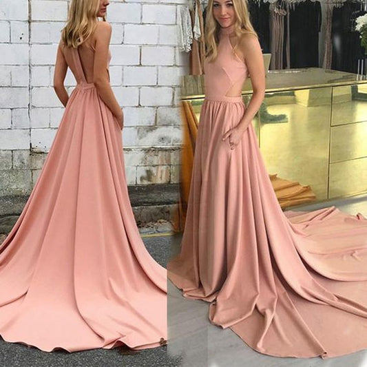 Elegant A-Line High Neck Sleeveless Sweep Train Prom Dresses With Pockets cg943