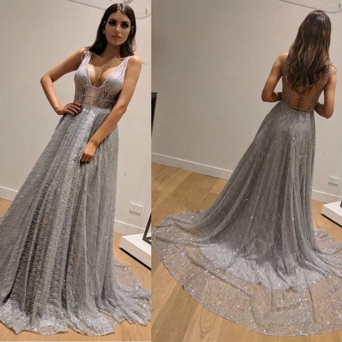 Grey Prom Dress,Tulle Prom Gown,A-Line Evening Dress,Backless Prom Gown 0115   cg9441