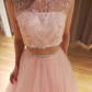 Pink Prom Dress,Tulle Prom Gown,Two Pieces Evening Dress,Beading Prom Gown   cg9444