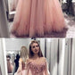 Pink Off The Shoulder Long Sleeve Long Cheap Tulle Prom Dresses With Applique cg945