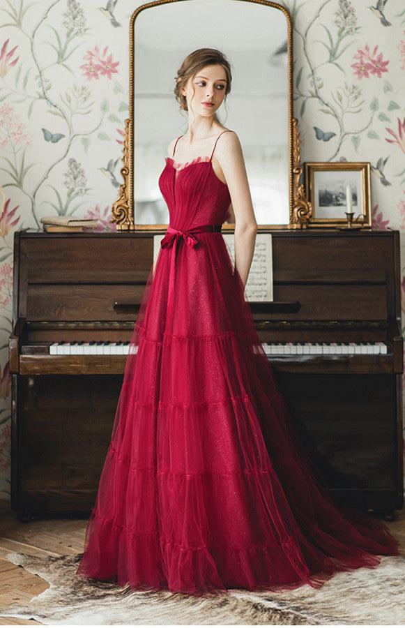 Red Prom Dress,A-Line Prom Gown, Spaghetti Straps Prom Dress, Tulle Prom Gown    cg9458