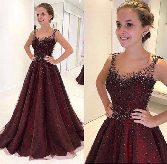 2019 Sparkly Burgundy Round Neck Tulle Beads Long Prom,Evening Dress cg950