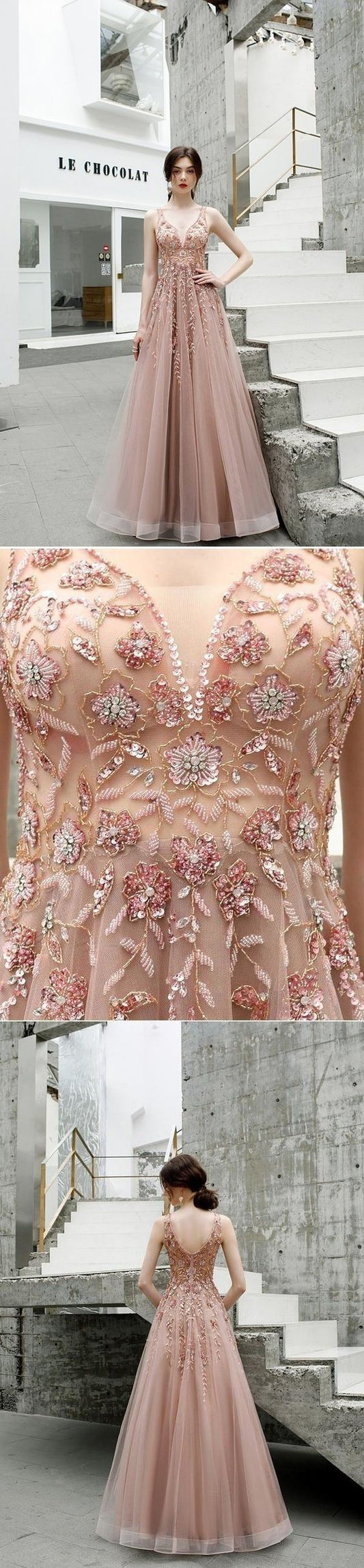 A Line V Neck Pink Beads Straps Prom Dresses Lace up, Long Dance    cg9538