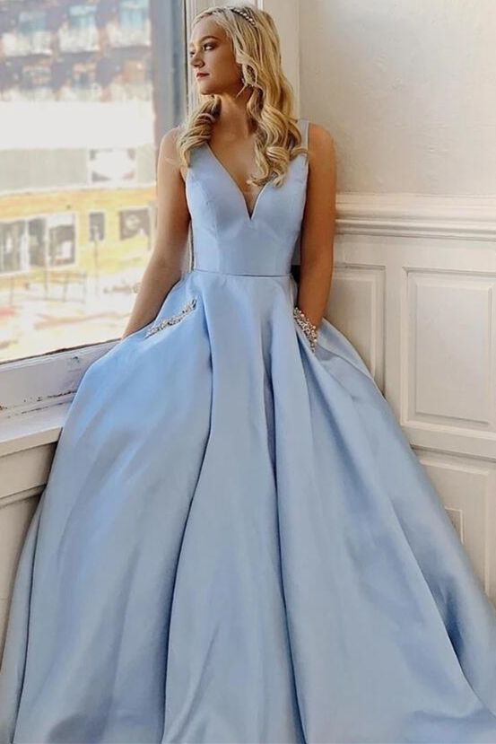 Simple Light Sky Blue Prom Dress with Pockets, Long Evening Dress   cg9551