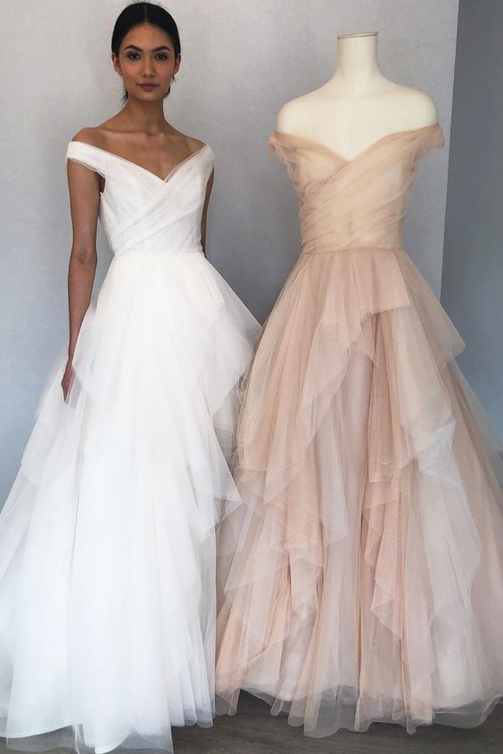 Elegant Off the Shoulder Tulle Formal Prom Dress, Ruffles Tulle Long Evening Dress  cg9565