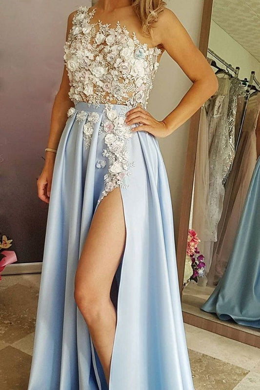 blue sleeveless one shoulder full length evening dresses party dresses white applique flower lace prom dress with satin   cg9690