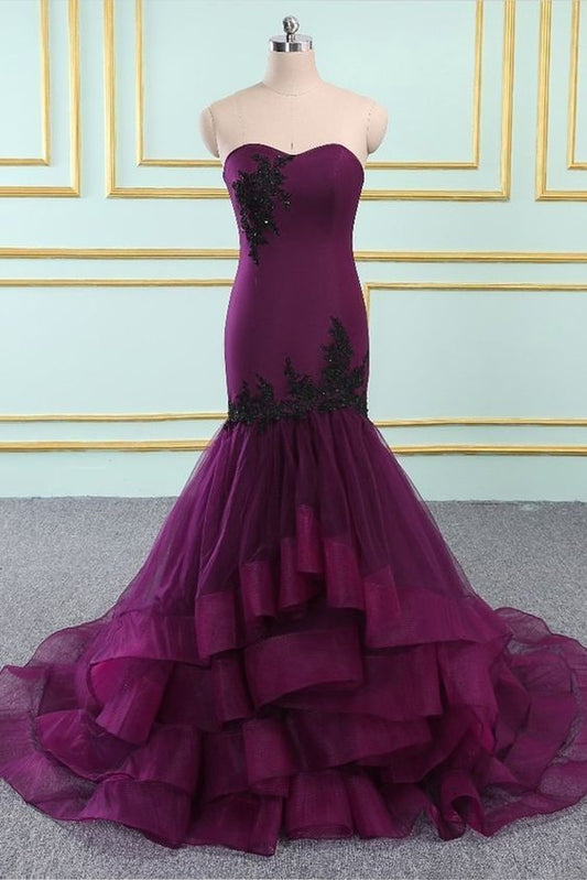 Sweetheart Neck Purple Organza Long Mermaid Layered Evening Dress Prom Dress   cg9691