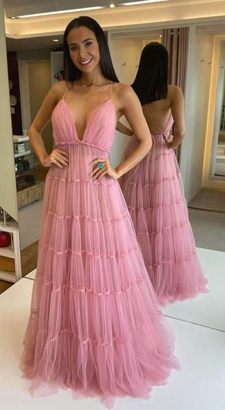 Spaghetti Pinl Tulle Prom Dresses, Lovely Prom Dresses, Formal Dresses, 2020 Prom Dresses  cg9708