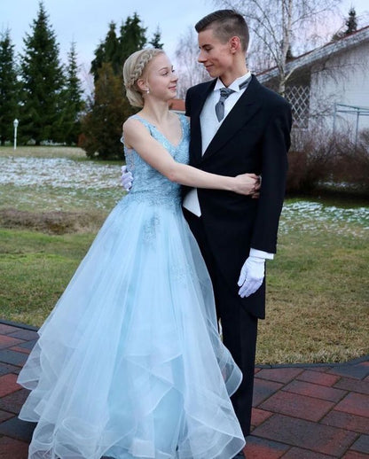 Fashion V neck Blue Open Back Prom Dress, Appliques Tulle Evening Dress  cg9723