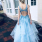 Fashion V neck Blue Open Back Prom Dress, Appliques Tulle Evening Dress  cg9723