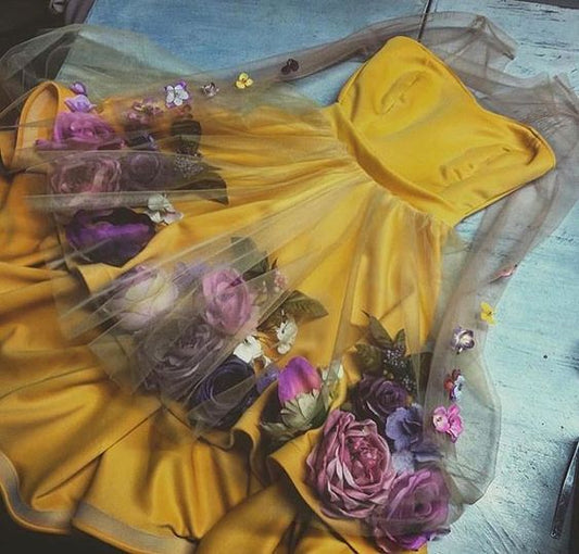 V Neck 3D Applique Short Dress, Long Sleeves Homecoming Dress   cg9741