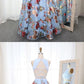 Beautiful Pretty Two Piece Round Neck Blue Floral Organza Prom Dress cg976