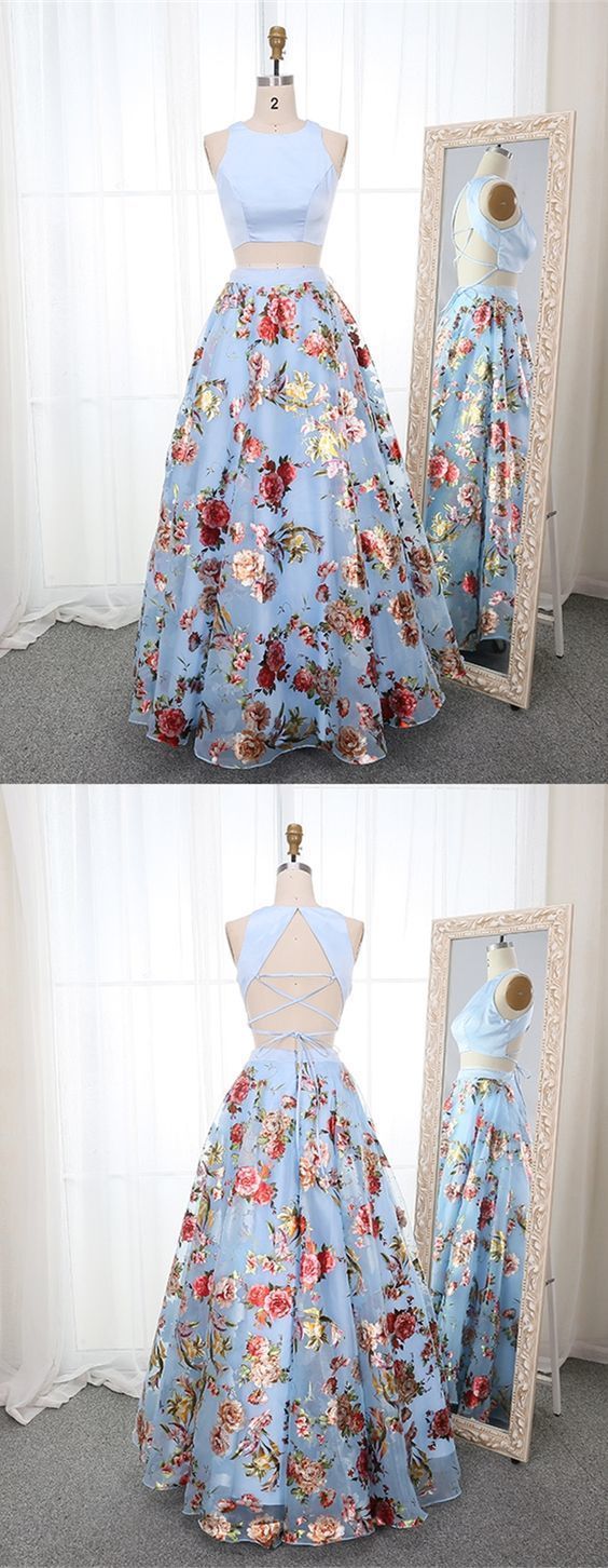 Beautiful Pretty Two Piece Round Neck Blue Floral Organza Prom Dress cg976