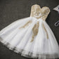Cute White Tulle Party Dress with Gold Applique homecoming Dresses   cg9831