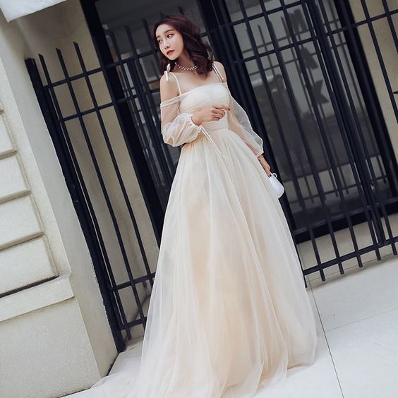 Champagne Summer Prom Dresses Empire Spaghetti Straps Off-The-Shoulder Long Sleeve   cg9920
