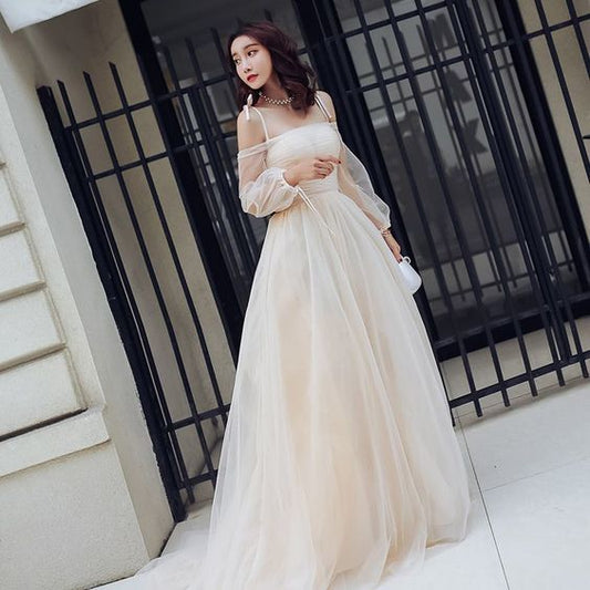Champagne Summer Prom Dresses Empire Spaghetti Straps Off-The-Shoulder Long Sleeve   cg9920
