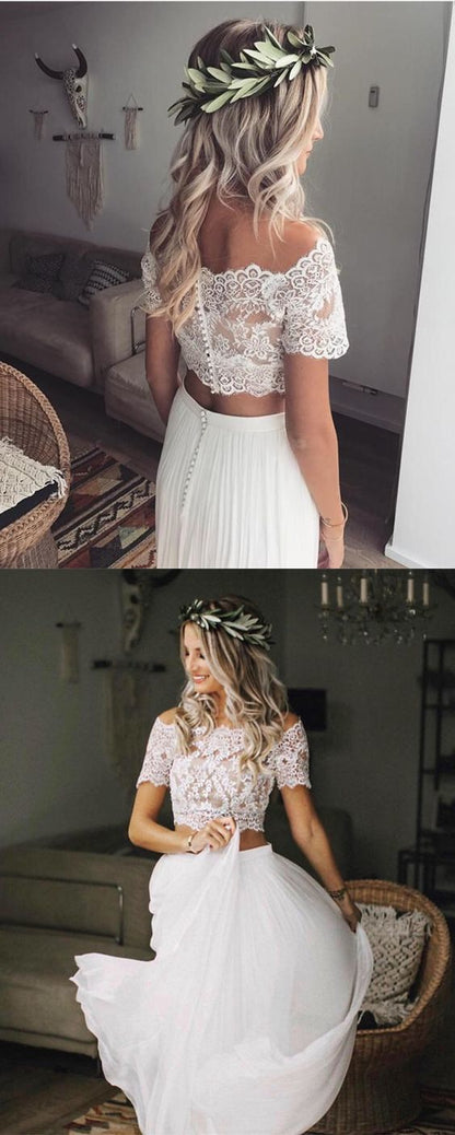 Boho Chic Lace Crop Chiffon Prom Dresses Two Piece Boho Wedding Dresses   cg9947