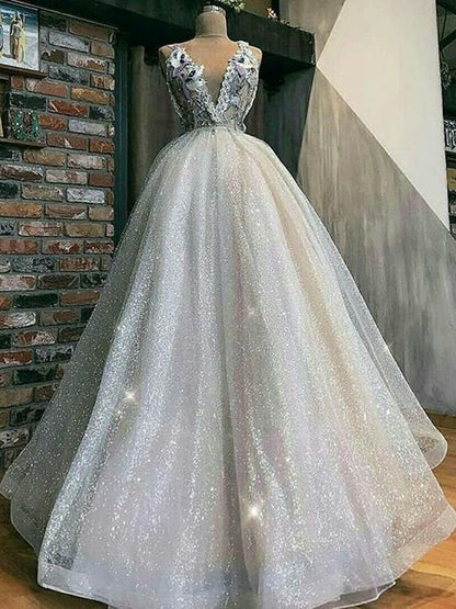 Sparkly Ivory Sequin Tylle Embroidery Applique V-Neck Ball Gown Prom Dresses cg997