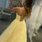 Yellow lace long A line prom dress lace evening dress      nv05