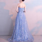 Beautiful Blue-Grey Tulle A-Line Long Evening Dress With Beadings, Long Party Dress prom dress    nv09