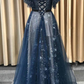 Dark blue tulle long prom dress, blue tulle evening dress   cg24822